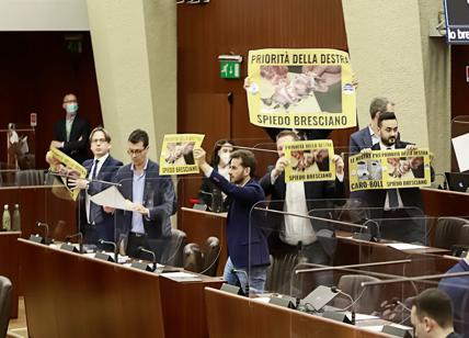 Regione Lombardia, bagarre in aula: cartelli M5S contro "spiedo bresciano"