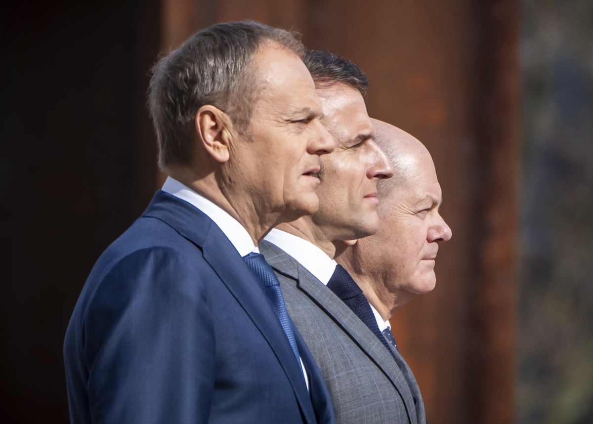 Donald Tusk, Emmanuel Macron e Olaf Scholz Donald Tusk, Emmanuel Macron e Olaf Scholz