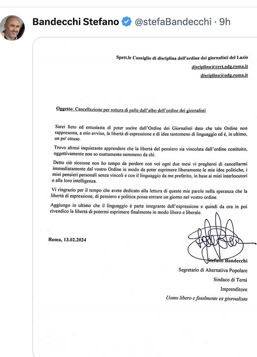 La lettera di Bandecchi all'Ordine dei Giornalisti del Lazio La lettera di Bandecchi all'Ordine dei Giornalisti del Lazio