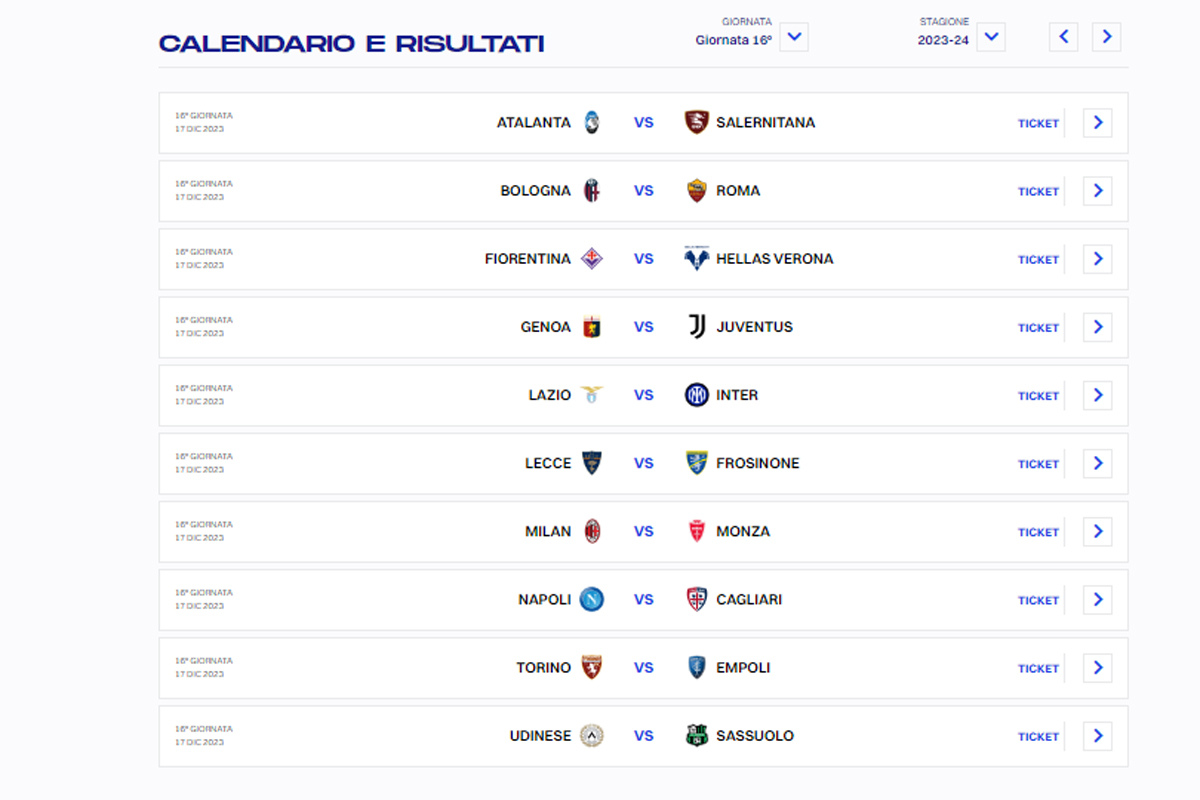 CALENDARIO SERIE A 16 GIORNATA (DA LEGA SERIE A) CALENDARIO SERIE A 16 GIORNATA (DA LEGA SERIE A)