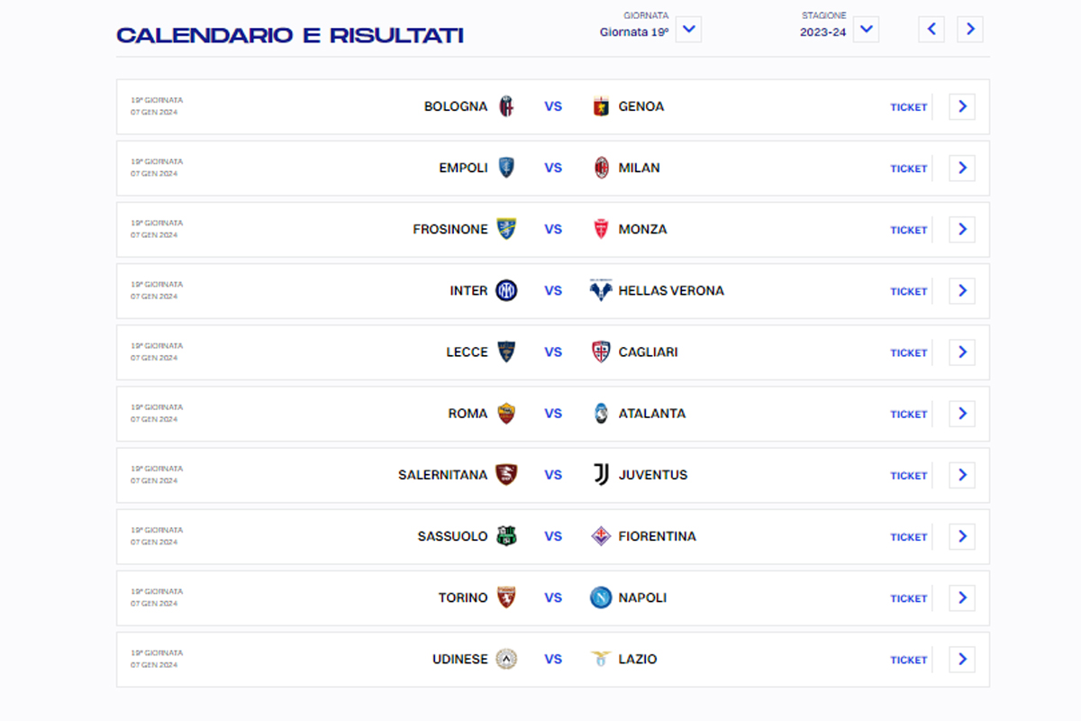 CALENDARIO SERIE A 19 GIORNATA (DA LEGA SERIE A) CALENDARIO SERIE A 19 GIORNATA (DA LEGA SERIE A)