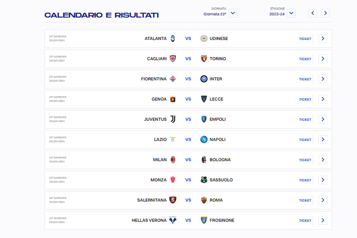 CALENDARIO SERIE A 22 GIORNATA (DA LEGA SERIE A) CALENDARIO SERIE A 22 GIORNATA (DA LEGA SERIE A)