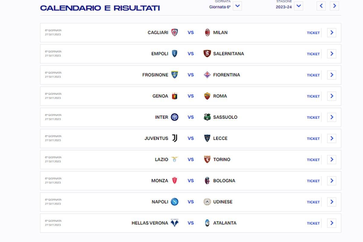 CALENDARIO SERIE A, 6 GIORNATA (DA LEGA SERIE A) CALENDARIO SERIE A, 6 GIORNATA (DA LEGA SERIE A)