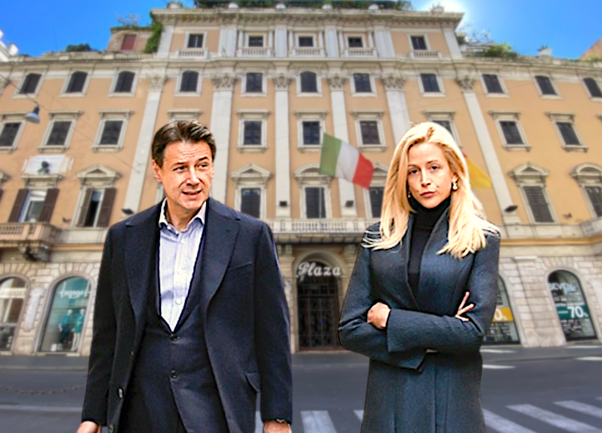 Giuseppe Conte e Olivia Paladino. Sullo sfondo il Plaza hotel di Roma. Foto: settimanale Chi Giuseppe Conte e Olivia Paladino. Sullo sfondo il Plaza hotel di Roma. Foto: settimanale Chi