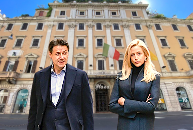 Giuseppe Conte e Olivia Paladino. Sullo sfondo il Plaza hotel di Roma. Foto: settimanale Chi Giuseppe Conte e Olivia Paladino. Sullo sfondo il Plaza hotel di Roma. Foto: settimanale Chi