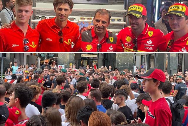 Ferrari, bagno di folla per Leclerc e Sainz in centro a Milano (foto: Matteo Marzotto via facebook) Ferrari, bagno di folla per Leclerc e Sainz in centro a Milano (foto: Matteo Marzotto via facebook)
