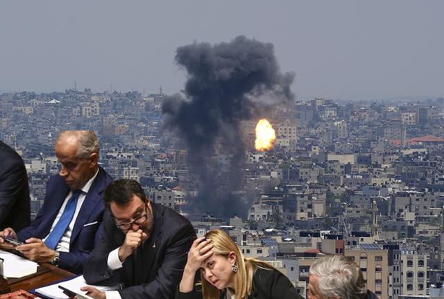 In primo piano Governo Meloni, sullo sfondo Guerra Gaza In primo piano Governo Meloni, sullo sfondo Guerra Gaza
