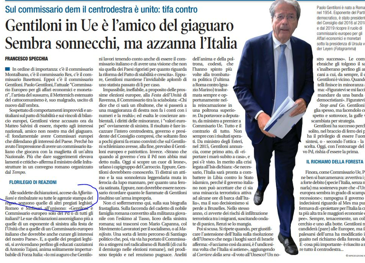 Articolo di Libero su Gentiloni