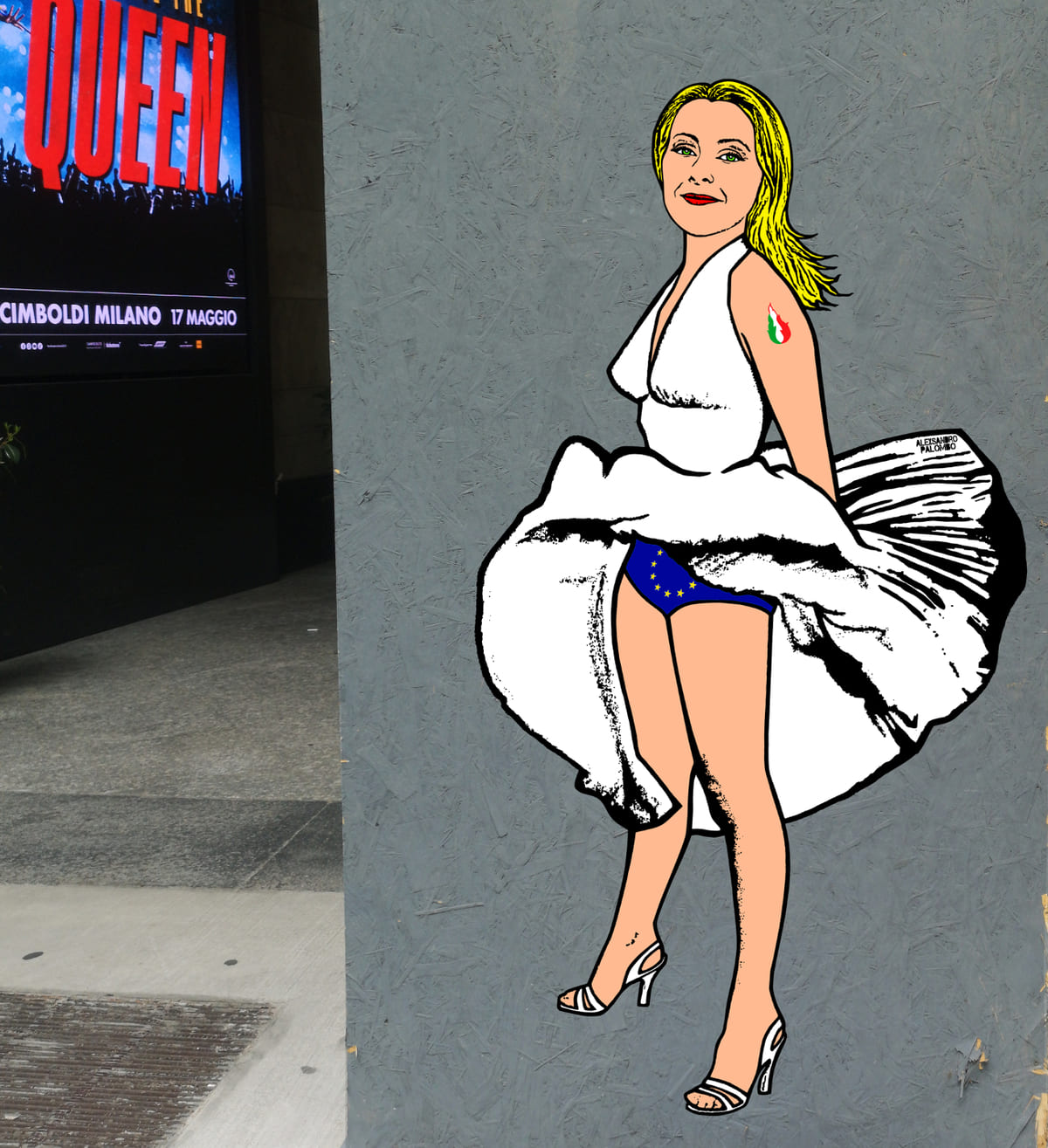 Giorgia Meloni come Maryilin Monroe Murales Montenapoleone Giorgia Meloni come Maryilin Monroe Murales Montenapoleone