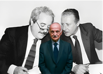 Giovanni Falcone e Paolo Borsellino sullo sfondo e il Generale Mario Mori in primo piano