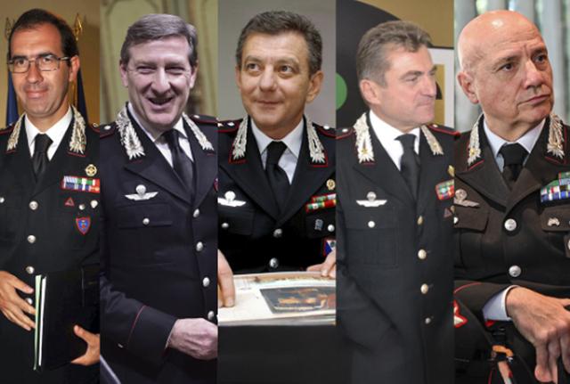 da sinistra a destra: I generali dei Carabinieri Marco Minicucci, Aldo Iacobelli, Fabrizio Parrulli, Massimo Mennitti e Giuseppe La Gala da sinistra a destra: I generali dei Carabinieri Marco Minicucci, Aldo Iacobelli, Fabrizio Parrulli, Massimo Mennitti e Giuseppe La Gala