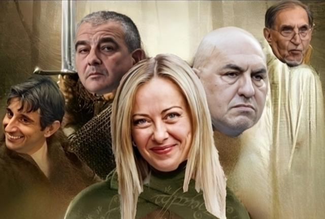 Giorgia Meloni, Guido Donzelli, Giovanbattista Fazzolari, Guido Crosetto, Ignazio La Russa immortalati come i protagonisti del film Il Signore degli Anelli Giorgia Meloni, Guido Donzelli, Giovanbattista Fazzolari, Guido Crosetto, Ignazio La Russa immortalati come i protagonisti del film Il Signore degli Anelli