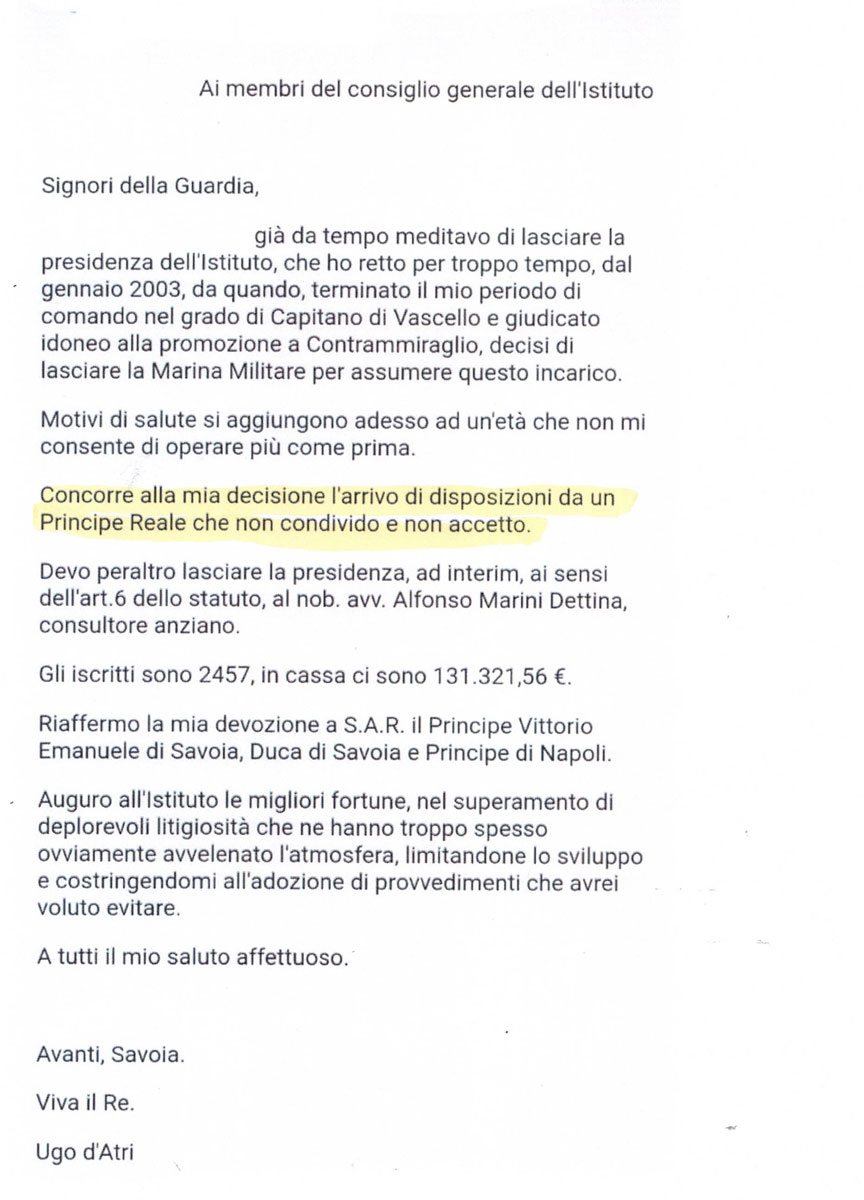 Lettera dimissioni d'Atri