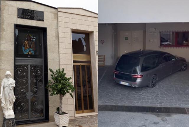 A sinistra l'entrata della cappella di famiglia e a destra il carro funebre che ha portato la salma di Messina Denaro a Castel Vetrano A sinistra l'entrata della cappella di famiglia e a destra il carro funebre che ha portato la salma di Messina Denaro a Castel Vetrano