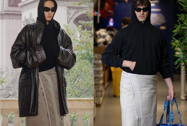 Da sinistra: look Balenciaga e Ikea Da sinistra: look Balenciaga e Ikea