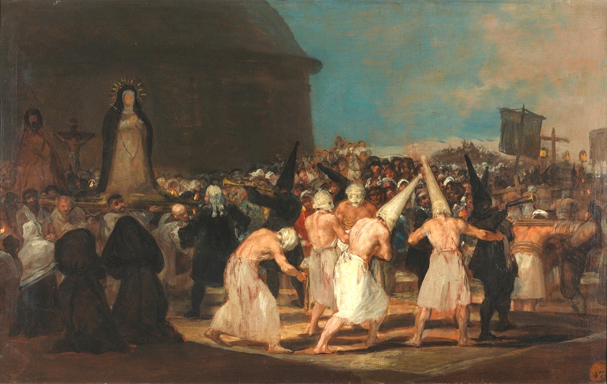 Francisco Goya; "Processione di flagellanti"; Dalla serie “Cuadros de fiestas y costumbres”; 1808-12; Olio su tavola; Real Academia de Bellas Artes de San Fernando, Madrid Francisco Goya; "Processione di flagellanti"; Dalla serie “Cuadros de fiestas y costumbres”; 1808-12; Olio su tavola; Real Academia de Bellas Artes de San Fernando, Madrid