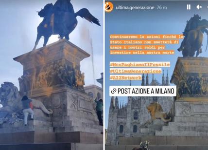 Ultima generazione imbratta la statua di Vittorio Emanuele II a Milano. VIDEO