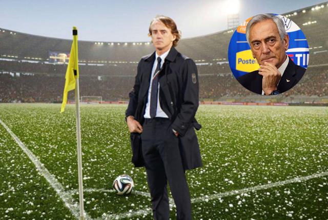 in primo piano l'ex Ct della Nazionale Italiana di Calcio Roberto Mancini enel cerchio il presidente della FIGC Gabriele Gravina in primo piano l'ex Ct della Nazionale Italiana di Calcio Roberto Mancini enel cerchio il presidente della FIGC Gabriele Gravina