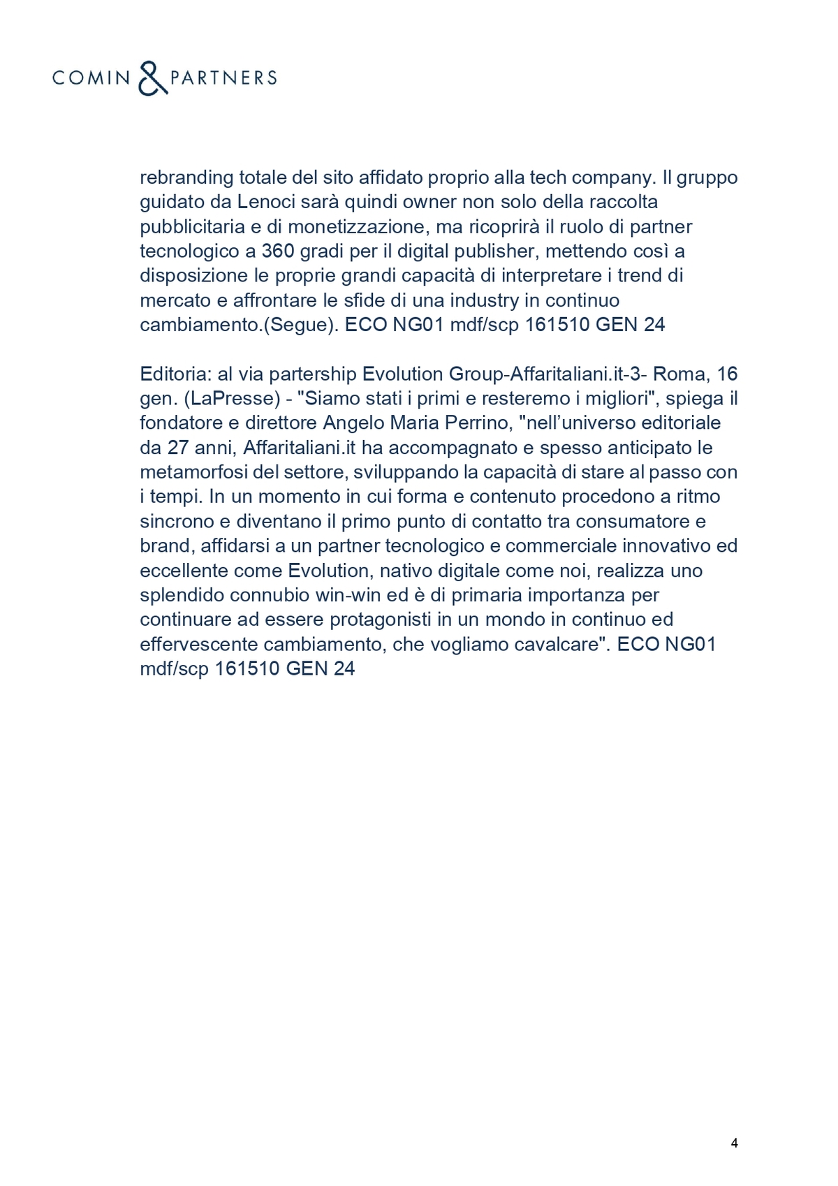 Comunicato stampa | Affaritaliani.it sceglie Evolution GROUP