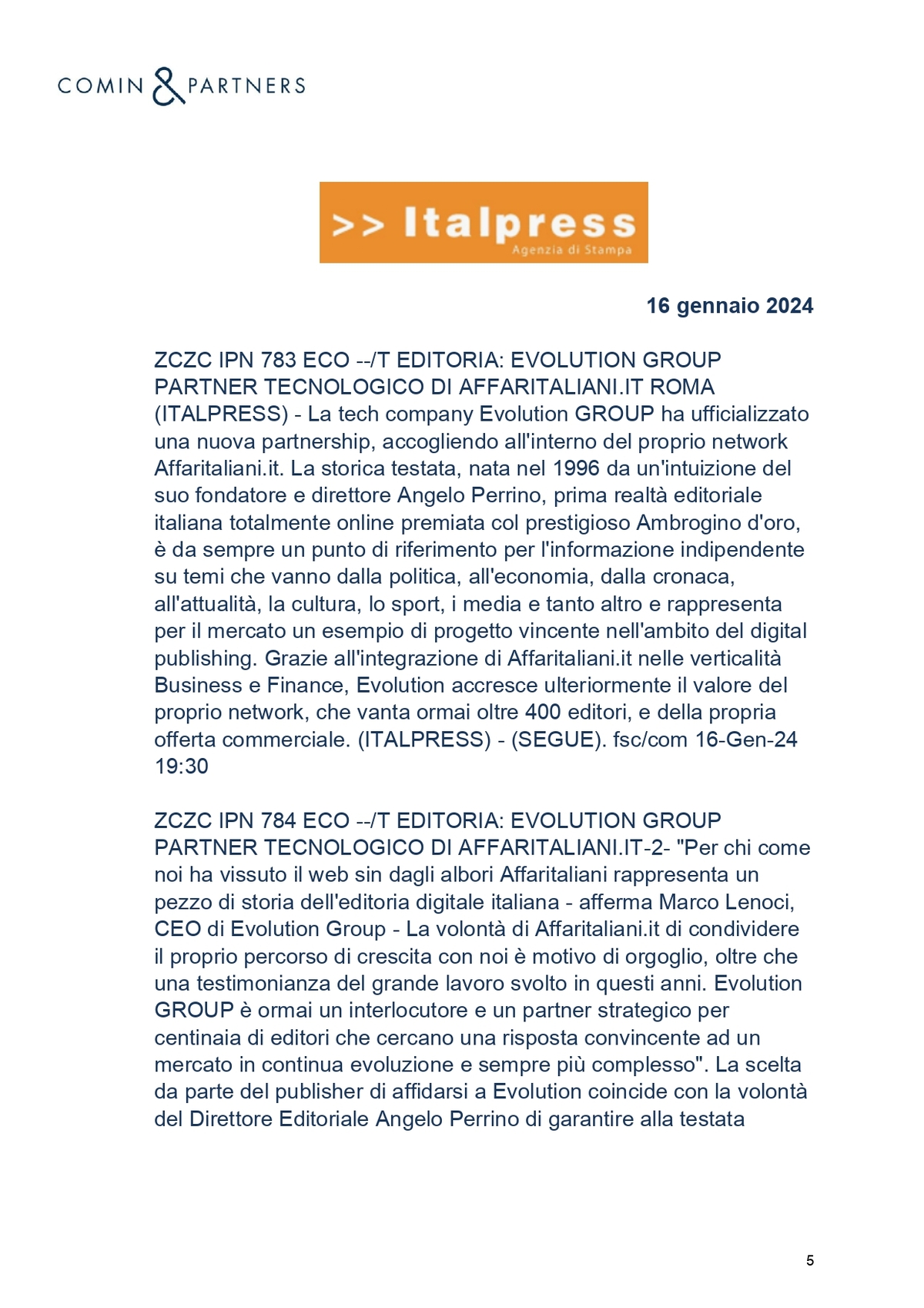 Comunicato stampa | Affaritaliani.it sceglie Evolution GROUP