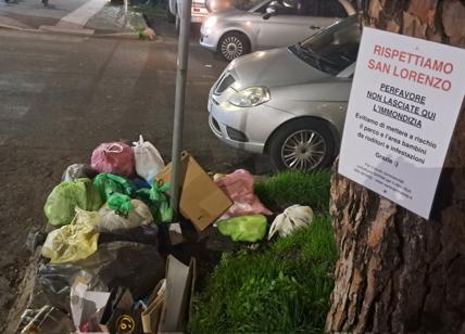 Roma, montagne di rifiuti accanto al cartello “Non lasciate qui l'immondizia”