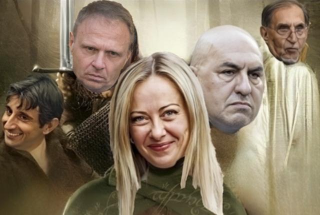 Giorgia Meloni, Guido Donzelli, Francesco Lollobrigida, Guido Crosetto, Ignazio La Russa immortalati come i protagonisti del film Il Signore degli Anelli Giorgia Meloni, Guido Donzelli, Francesco Lollobrigida, Guido Crosetto, Ignazio La Russa immortalati come i protagonisti del film Il Signore degli Anelli