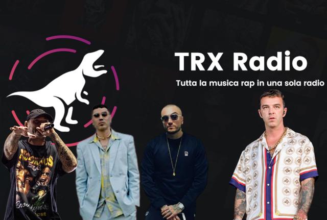 Marracash, Fabri Fibra, Salmo e Guè, sullo sfondo il logo di TRX Radio Marracash, Fabri Fibra, Salmo e Guè, sullo sfondo il logo di TRX Radio