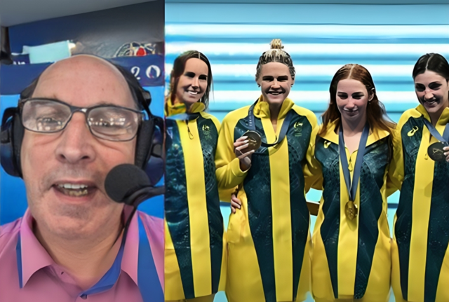 il commentatore BOB BALLARD e la squadra australiana della staffetta femminile di nuoto (la notizia è il commentatore sessista delle olimpiadi) il commentatore BOB BALLARD e la squadra australiana della staffetta femminile di nuoto (la notizia è il commentatore sessista delle olimpiadi)