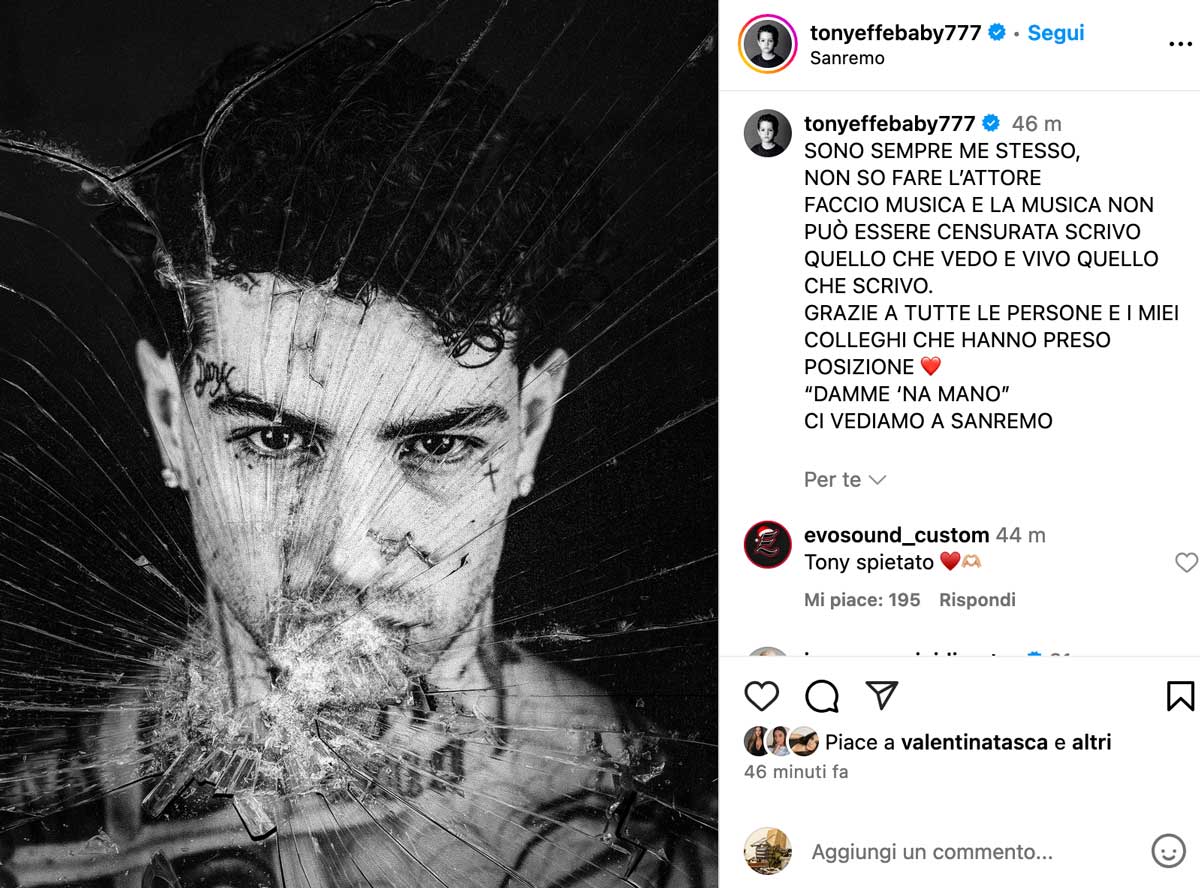 Tony Effe la beffa, passerella a Sarà Sanremo col nuovo brano “Damme