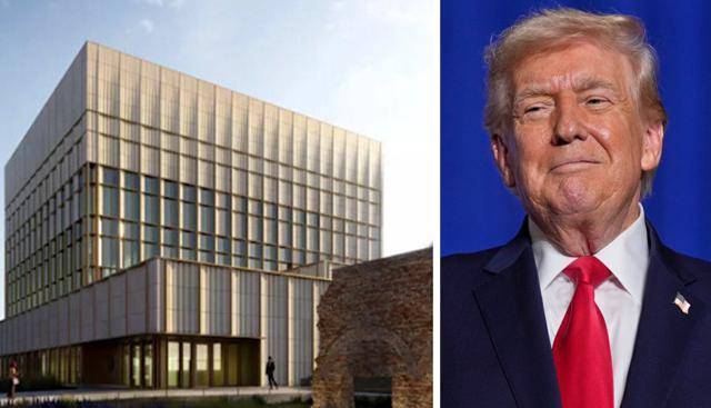 Il rendering del nuovo consolato Usa a Milano e Donald Trump