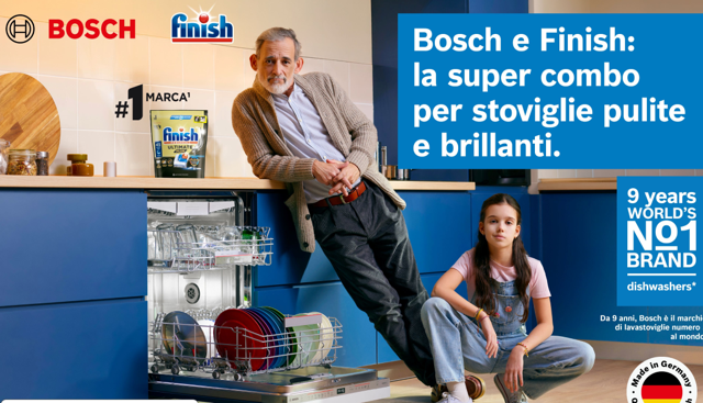 Bosch e Finish, presentata la nuova campagna ADV sui risultati di pulizia e lavaggio delle stoviglie