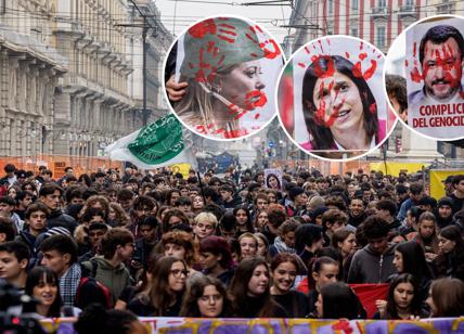 Milano, alla manifestazione degli studenti anche immagini con Meloni, Salvini e Schlein insanguinati