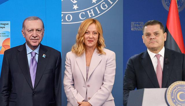 Da sinistra a destra: Recep Erdogan, Giorgia Meloni e Abdul Hamid Dbeibah Da sinistra a destra: Recep Erdogan, Giorgia Meloni e Abdul Hamid Dbeibah