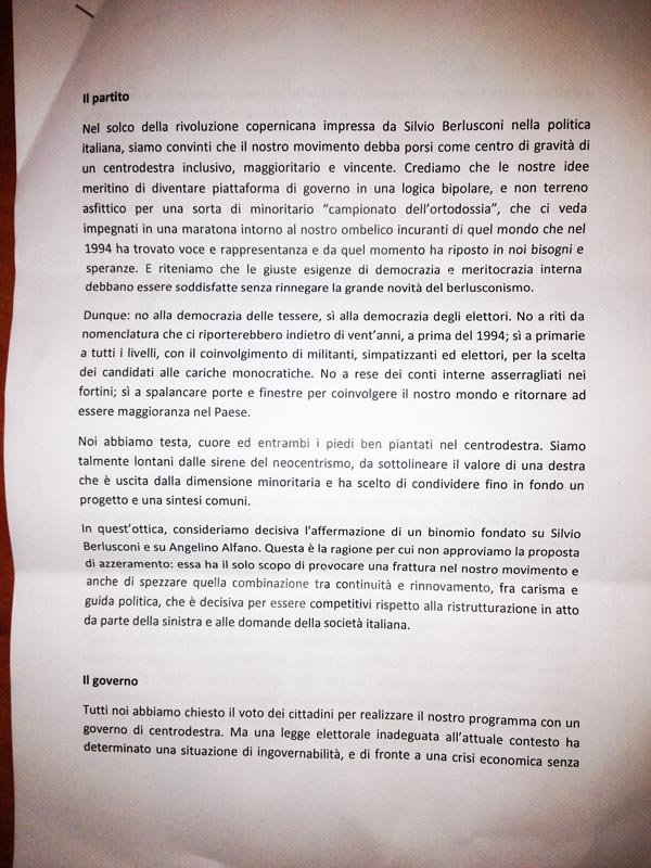 Ecco il documento esclusivo degli alfaniani