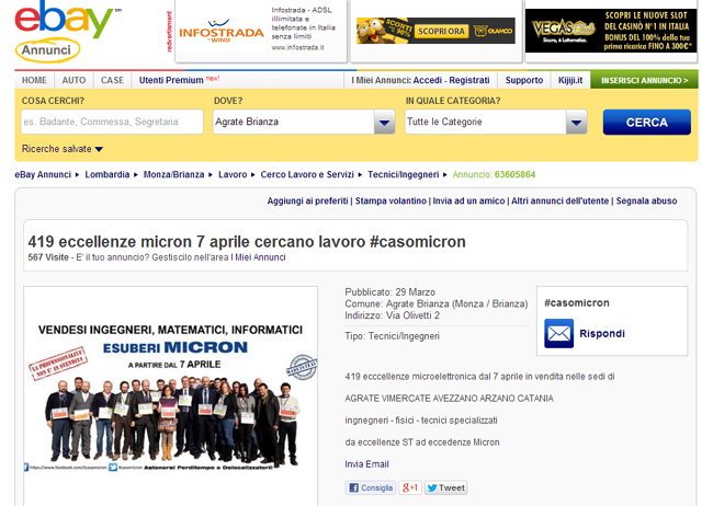 Ingegneri all’asta su eBayLa protesta degli esuberi Micron Ingegneri all’asta su eBayLa protesta degli esuberi Micron