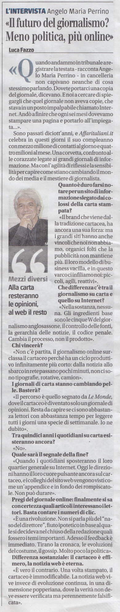 18 anni di Affaritaliani.it, Il Giornale intervista Angelo Maria Perrino