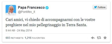 Papa Francesco è arrivato in Terrasanta. Tweet dall’aereo: “Pregate per me”