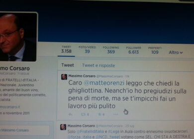 Corsaro su twitter “Renzi,impiccati”. Poi aggiunge:” Il premier non faccia la vergine vestale per nascondere la verità”