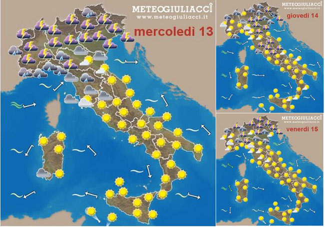 Oggi temporali anche forti al Nord, bello ma caldo al Centrosud Oggi temporali anche forti al Nord, bello ma caldo al Centrosud