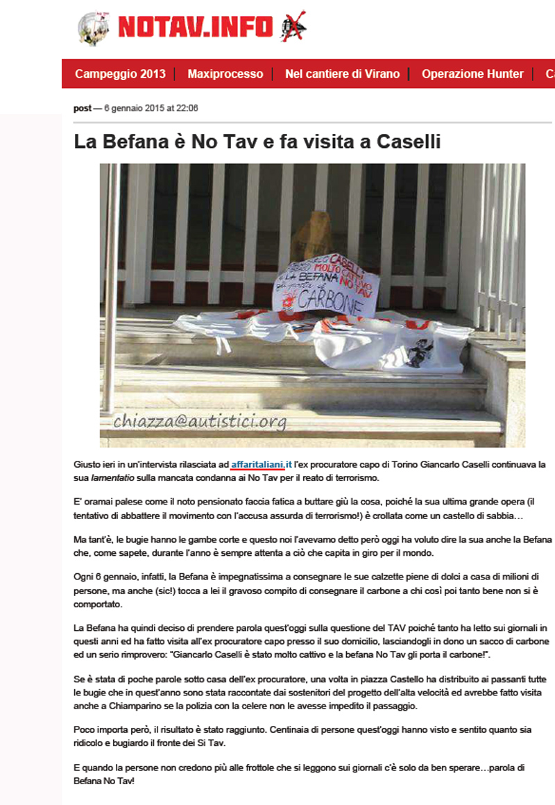 Dopo la sua intervista ad Affari, Caselli riceve la “befana No Tav” Dopo la sua intervista ad Affari, Caselli riceve la “befana No Tav”