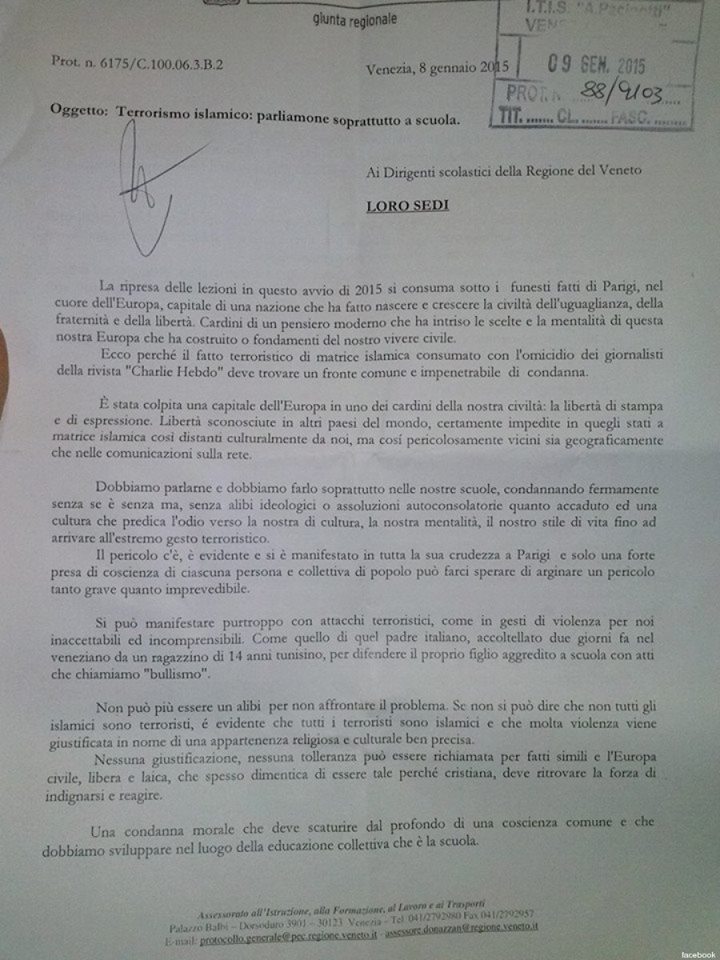 “Tutti i terroristi sono islamici”. Veneto, scandalo su un’ordinanza nelle scuole “Tutti i terroristi sono islamici”. Veneto, scandalo su un’ordinanza nelle scuole