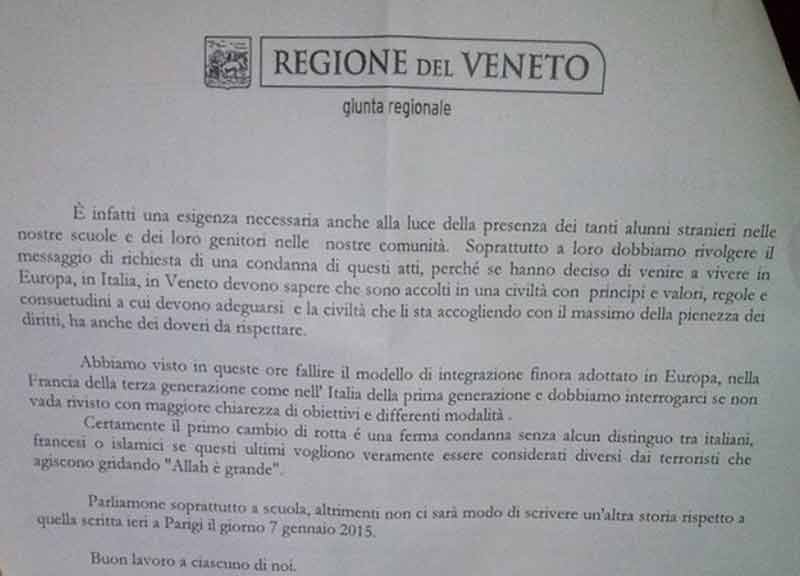 “Tutti i terroristi sono islamici”. Veneto, scandalo su un’ordinanza nelle scuole “Tutti i terroristi sono islamici”. Veneto, scandalo su un’ordinanza nelle scuole