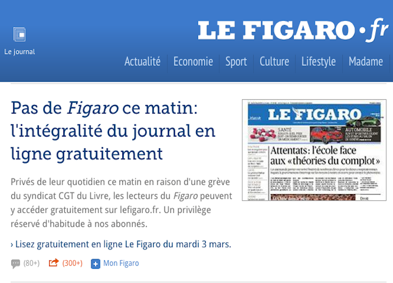 Le Figaro, i tipografi scioperano: il giornale va on line gratis Le Figaro, i tipografi scioperano: il giornale va on line gratis