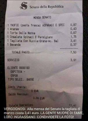 Senato, i prezzi poco “onorevoli” del ristorante: lo scontrino