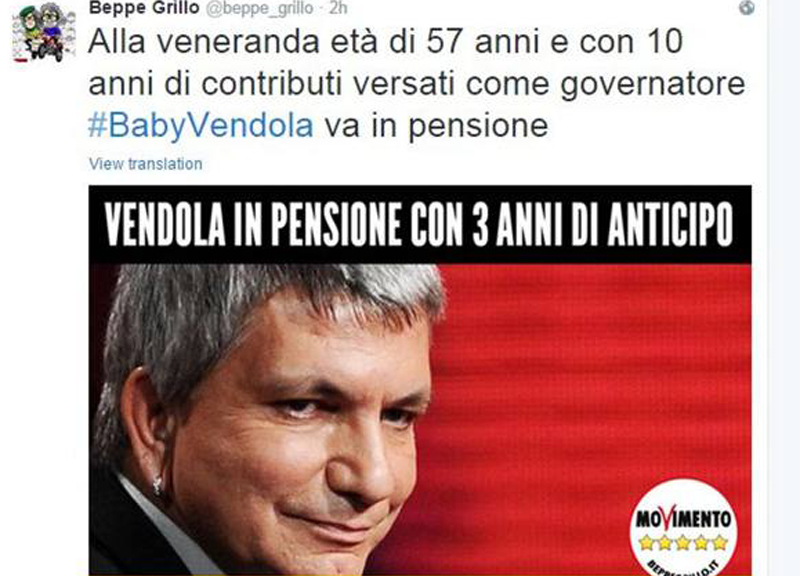 Grillo, post omofobo contro Vendola. Nel mirino la sua pensione Grillo, post omofobo contro Vendola. Nel mirino la sua pensione