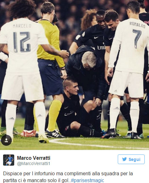 Verratti, ecco le condizioni dopo l’infortunio con il Real Madrid Verratti, ecco le condizioni dopo l’infortunio con il Real Madrid