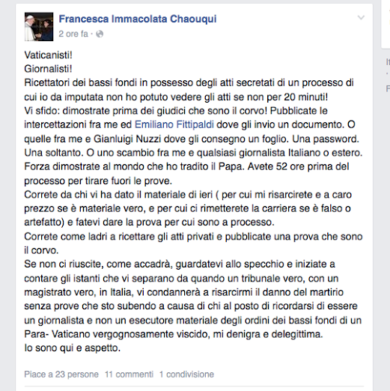 Vatilieaks 2, Chaouqui su Facebook: Vaticano colabrodo, i veri corvi