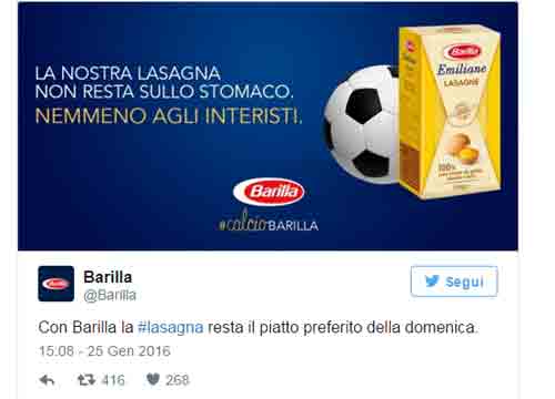 Lasagna, il gol all’Inter tra favola e caso di marketing. La Barilla… Lasagna, il gol all’Inter tra favola e caso di marketing. La Barilla…