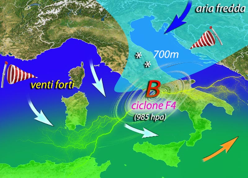 Meteo, ciclone si abbatte sull’Italia. Neve e temporali: la mappa Meteo, ciclone si abbatte sull’Italia. Neve e temporali: la mappa