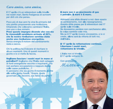 Renzi invita gli italiani a votare per le trivelle: il volantino di Greenpeace